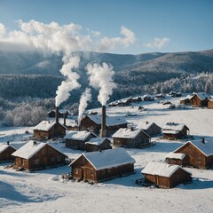 A snowy village with cozy cabins and smoke rising from chimneys under a pale blue sky.

