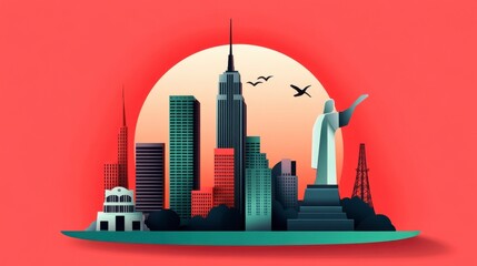 Obraz premium Urban skyline silhouette with sunset backdrop and iconic landmarks