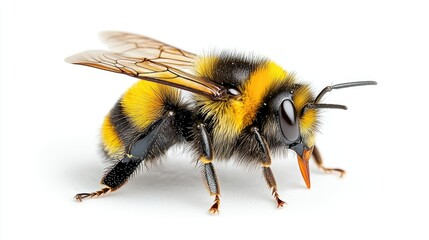 Bumblebee close-up, studio shot, white background, insect pollination