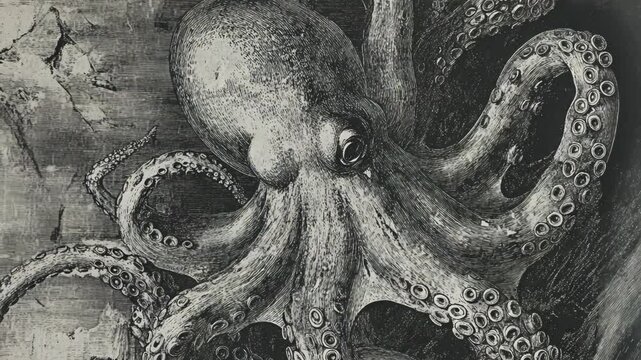 Intricate octopus drawing showcasing detailed tentacles and unique features in black and white style