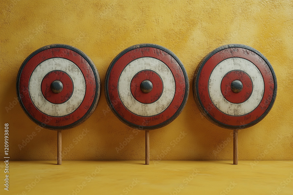 Poster ai generate realistic shield targets displayed on yellow background art installation creative studio