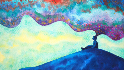human man meditate body mind mental health conscious yoga chakra spiritual holistic healing breath peace abstract imagine emotion energy meditation world universe watercolor painting illustration art