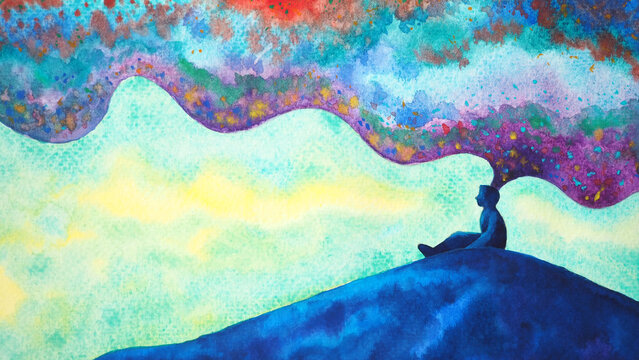 human man meditate body mind mental health conscious yoga chakra spiritual holistic healing breath peace abstract imagine emotion energy meditation world universe watercolor painting illustration art