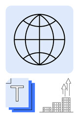 Globe symbol for communication, stacked text documents for information sharing, and growing building bars with arrows for progress. Ideal for global outreach, data analysis, growth strategy