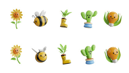 Smiling sunflower, a cute bee, plants in boots, a cactus, and a lightbulb with leaves. 3D Icon High Quality Render