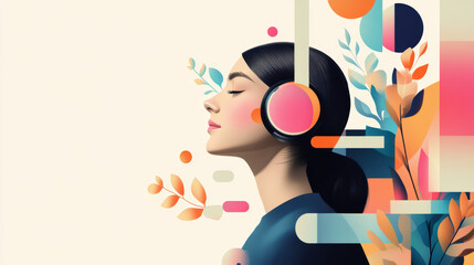 Obraz premium serene woman with headphones enjoys music, surrounded by abstract colorful shapes, leaves, and geometric patterns, creating harmonious and artistic composition