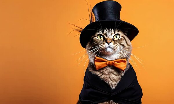 Adorable Cat wear Top Hat on orange background with copy space
