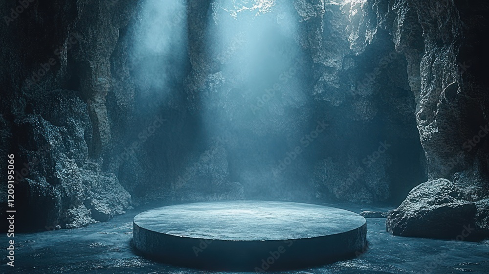 Poster geometric shadows and light stage display platform in dark cavern for minimalist showcase