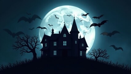 Fototapeta premium Enigmatic Manor House Silhouetted Against a Full Moon, Bats Soaring in a Night Sky