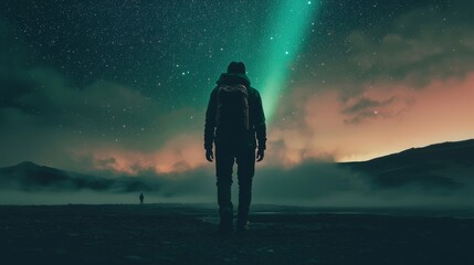 Fototapeta premium Solitary Traveler Under Starry Night Sky with Aurora Borealis