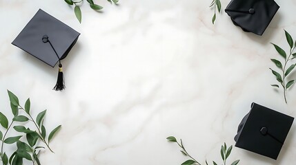 Graduation Caps and Greenery on Marble Background