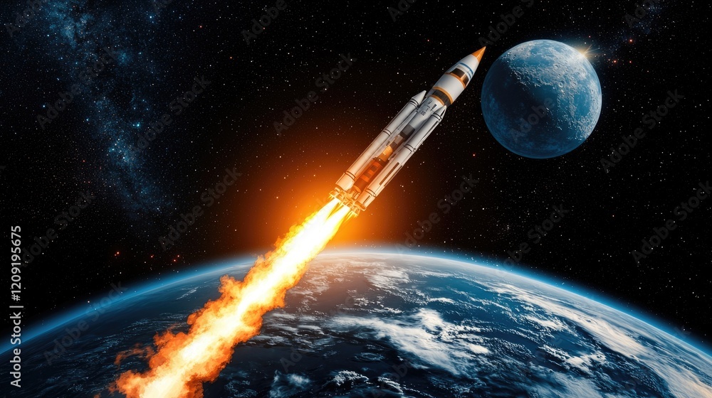 Poster rocket launch into space earth orbit scientific imagery outer space dynamic perspective innovation a