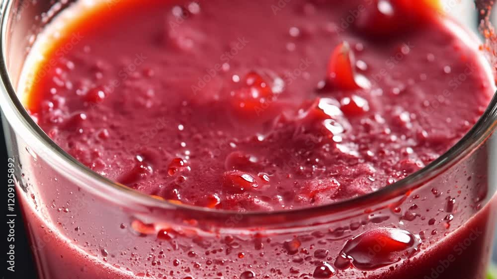 Poster tilt down from a splash of vibrant red raspberry smoothie hitting the surface of the liquid in a gla