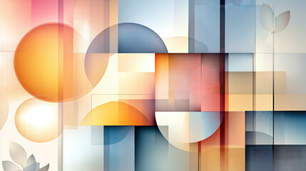 Obraz premium Abstract geometric design with layered reflective surfaces, featuring overlapping circles and rectangles in warm and cool tones, creating modern and dynamic composition