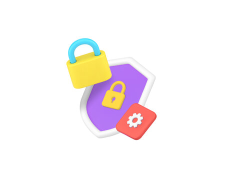 Data information security settings protection technology 3d icon realistic vector illustration. Personal database datum privacy protect padlock and shield safety secure access communication