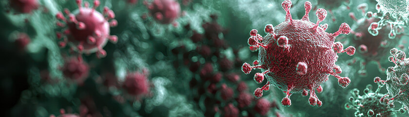 Close up of digital animation of mutating virus cells in green and red hues