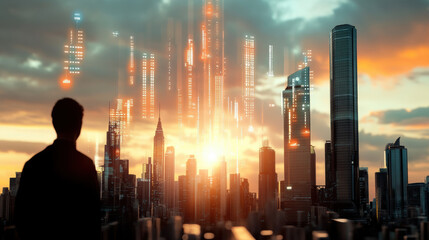 silhouette of person observing futuristic cityscape with glowing digital elements and skyscrapers at sunset, symbolizing innovation and technological advancement