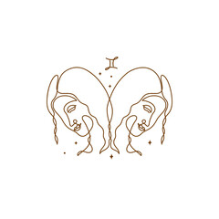 Continuous line drawing of astrological Gemini zodiac sign. Line art symbol and icon of esoteric zodiacal horoscope. Minimalist black linear sketch isolated on white background.