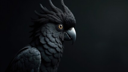 Obraz premium A Majestic Profile of a Dark-Plumaged Parrot Against a Stark Black Background, Its Feathers Exquisitely Detailed, Revealing a Bird of Mysterious Beauty