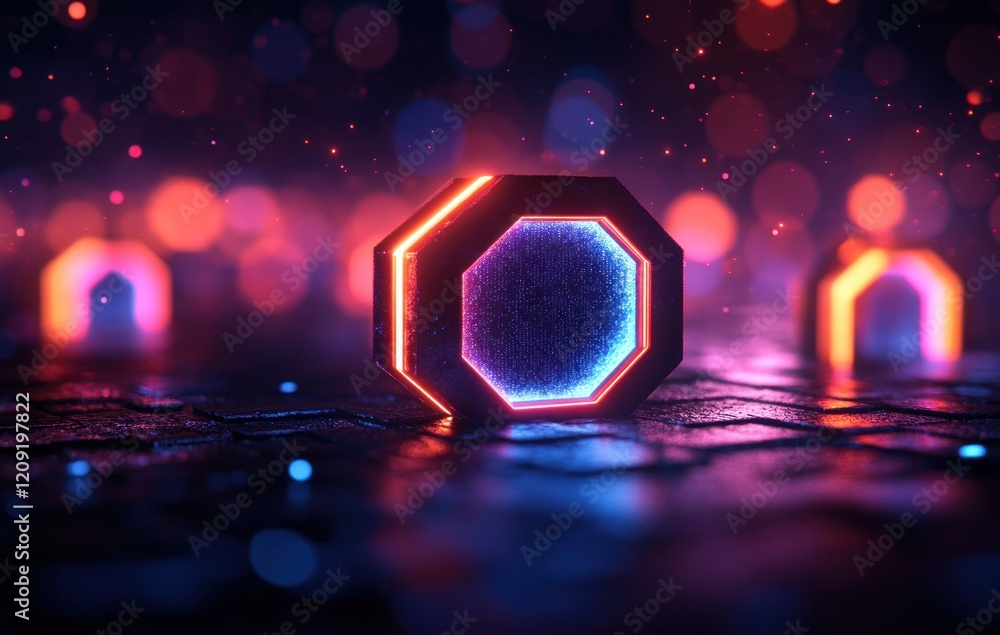 Poster futuristic three-dimensional hexagonal logo design with blue and purple gradient, ambient light, and
