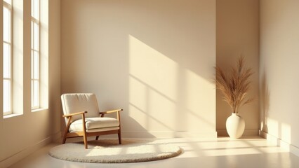 Serene Minimalist Room Interior Featuring a Comfortable Armchair and Dried Floral Arrangement in a Simple Vase on a Soft Rug, Bathed in Warm Sunlight