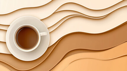 white coffee cup filled with rich brown coffee sits on layered, latte inspired abstract background featuring smooth, wavy gradients in cream, beige, and caramel tones