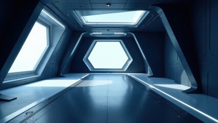 Obraz premium Futuristic Corridor Design Sleek Metal Walls, Hexagonal Windows, and Bright Lighting for a Modern, Clean, and Spacious Interior