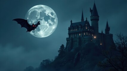 Fototapeta premium A nocturnal bat's flight near an ancient stone castle under a large, luminous moon