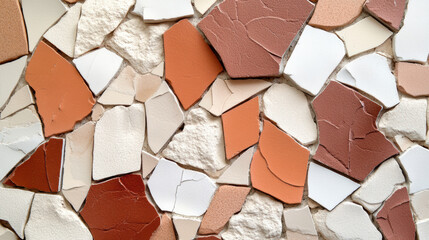 Abstract mosaic pattern with irregular latte toned tiles in earthy shades of beige, terracotta, and white, creating textured and artistic design