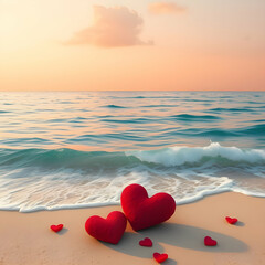 Fototapeta premium Red Hearts on Sandy Beach by the Ocean During Sunset AI Image