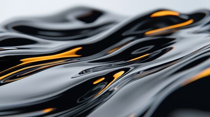 A close-up view of a shiny, black and orange liquid surface with a wave-like pattern.