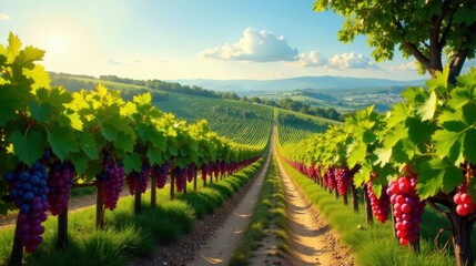 Naklejka premium Sunlit Vineyard Rows with Ripe Grapes and Lush Green Foliage Leading to Distant Hills