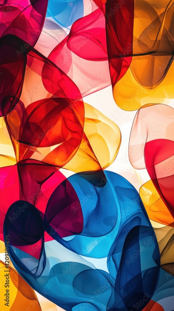Poster a vibrant, abstract design of overlapping translucent shapes in bold, saturated colors, creating a d