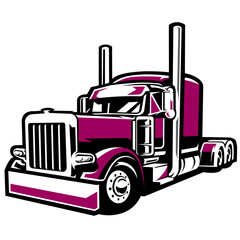 Red and black classic semi-truck in cartoon color block vector illustration style good for t-shirt print and graphics