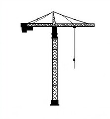 A simple black and white silhouette icon of a construction crane with its arm extended, on a solid background. 