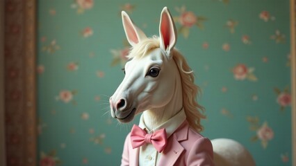 A whimsical equine portrait in pastel pink attire, posed against a floral backdrop.