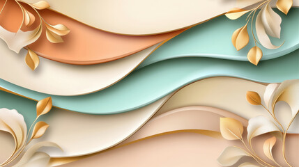Abstract minimalist design with soft pastel waves and golden floral accents, creating elegant and serene composition