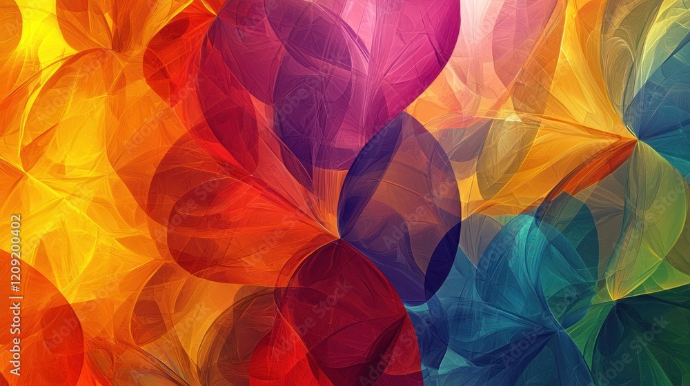Poster a vibrant, abstract design of overlapping translucent shapes in bold, saturated colors, creating a d