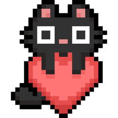 Pixel Black Cat Cartoon On Heart