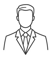 A simple line drawing of an icon representing a male business professional. The background is white, with no color. 