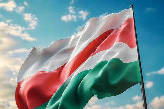 Waving flag of Sudan in blue sky. Sudan flag for independence day. The symbol of the state on wavy fabric.