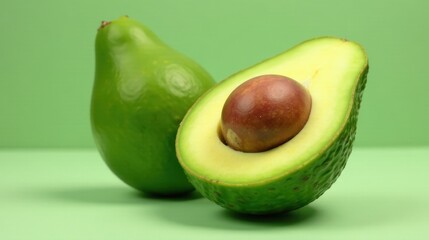 A vibrant green avocado, halved to reveal its creamy interior and a rich brown pit, sits beside a whole avocado on a matching green backdrop.