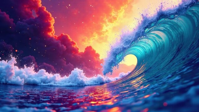 A Vibrant Ocean Wave Crashing Under a Spectacular Sunset Sky with Sparkling Particles