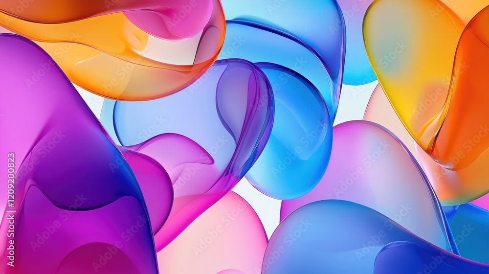 Poster a vibrant, abstract design of overlapping translucent shapes in bold, saturated colors, creating a d