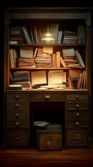 Rustic wooden desk illuminated by warm light, overflowing with papers and stationary in a cozy study