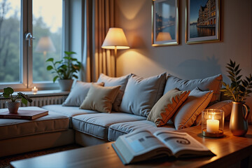 Fototapeta premium Cozy Scandinavian lounge area with candles and soft lighting, home comfort
