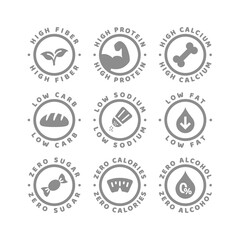 High fiber, protein and low carb and sodium label set. Zero sugar, low fat and calories labels.