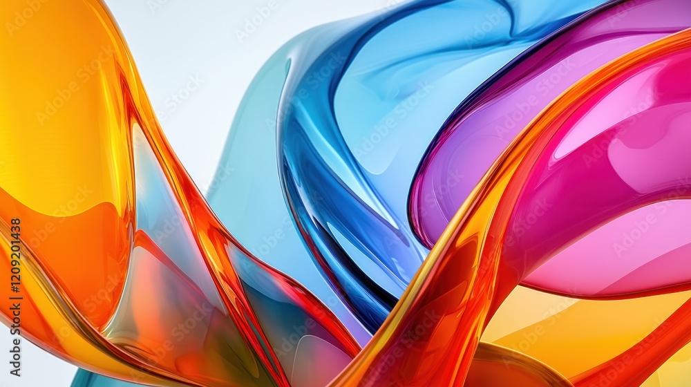 Poster a vibrant, abstract design of overlapping translucent shapes in bold, saturated colors, creating a d