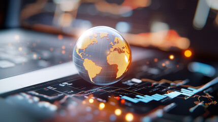 glowing globe hovers over digital interface displaying financial charts and data, symbolizing global economic strategy and investment planning