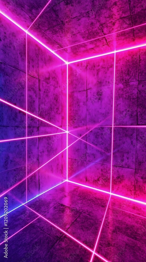 Poster neon laser beams creating glowing lines in empty room